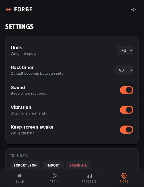 Forge's settings on a phone: rows for units, rest timer, sound, vibration and keep screen awake, then a YOUR DATA section with Export JSON, Import and Erase All buttons.