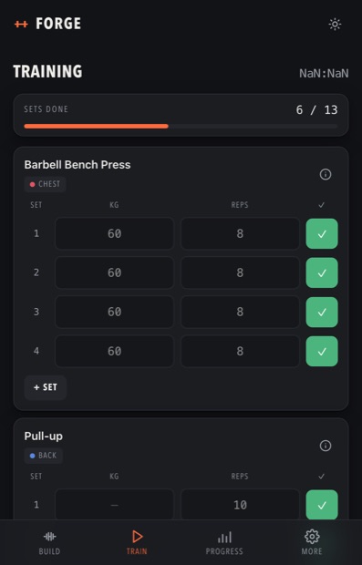 Forge mid-session on a phone: a header reading TRAINING with a running timer, a progress bar showing 6 of 13 sets done, then exercise cards with per-set weight and reps fields and green tick buttons.