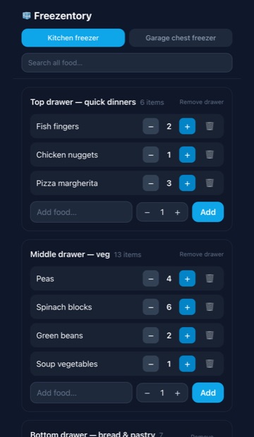 Freezentory on a phone: a Kitchen freezer and Garage chest freezer tab pair, a search field, then drawer cards named Top drawer quick dinners and Middle drawer veg, each listing food items with minus and plus quantity steppers and a delete button.