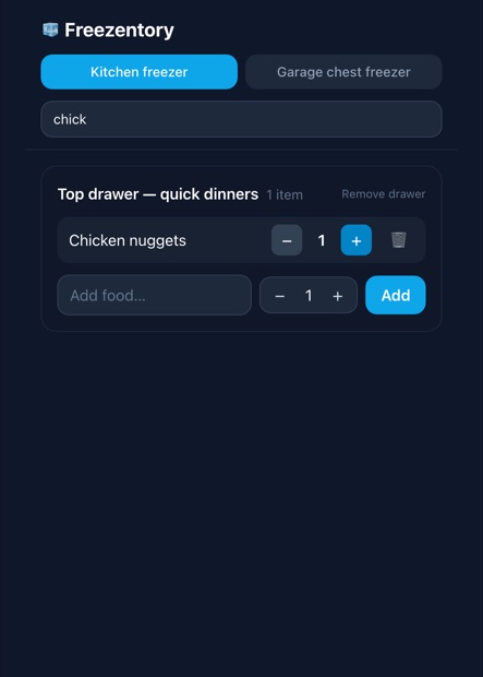 Freezentory with the word chick typed into the search field: the drawer list has collapsed to a single Top drawer card holding one matching item, Chicken nuggets, and the drawer count reads 1 item.