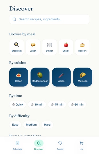 Pocket Chef's discover screen: a search field, then browse-by rows for meal, cuisine, time, difficulty and main ingredient, each a row of tappable tiles.