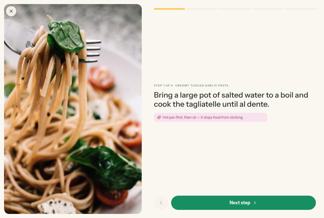 Saucery's cook mode in landscape: a large photo of the dish on the left, and on the right the label STEP 1 OF 5, the instruction, a technique tip and a Next step button.