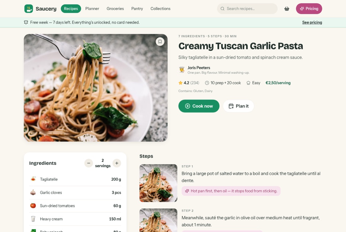 A Saucery recipe page: hero photo, title, creator, rating, prep and cook time, difficulty, cost per serving, an allergen line reading Contains Gluten Dairy, a servings scaler and photo-per-step instructions.