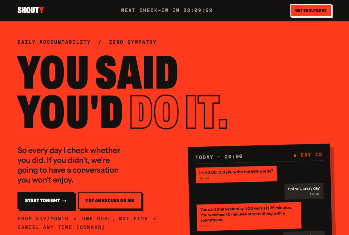 Shouty's hero: a full-bleed siren-red band with the headline You said you'd do it. set in heavy condensed capitals, beside a dark mock-up of a 20:00 check-in conversation.