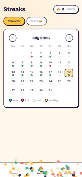 Wakey's streaks calendar for July 2026: a month grid where each day carries a coloured dot, with a legend reading won, lost, rest and pending, and a streak counter showing 6, best 6.