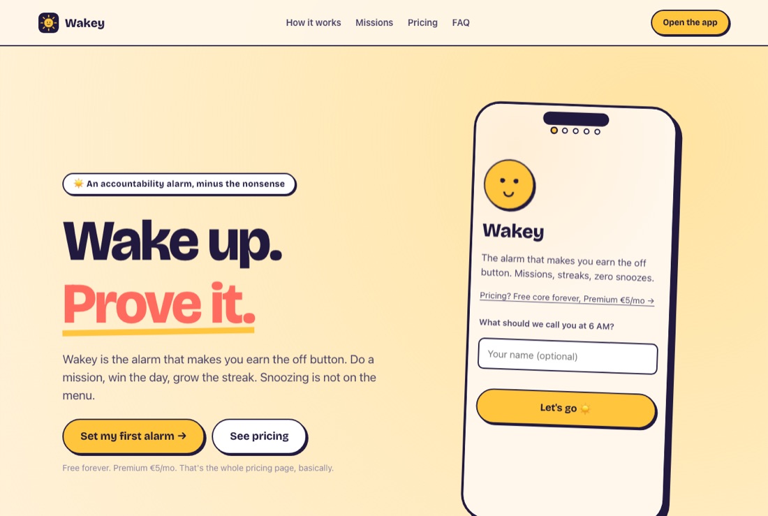 Wakey's landing page in yolk yellow and plum: the headline Wake up. Prove it. beside a phone mockup of the first onboarding step, which links to pricing.